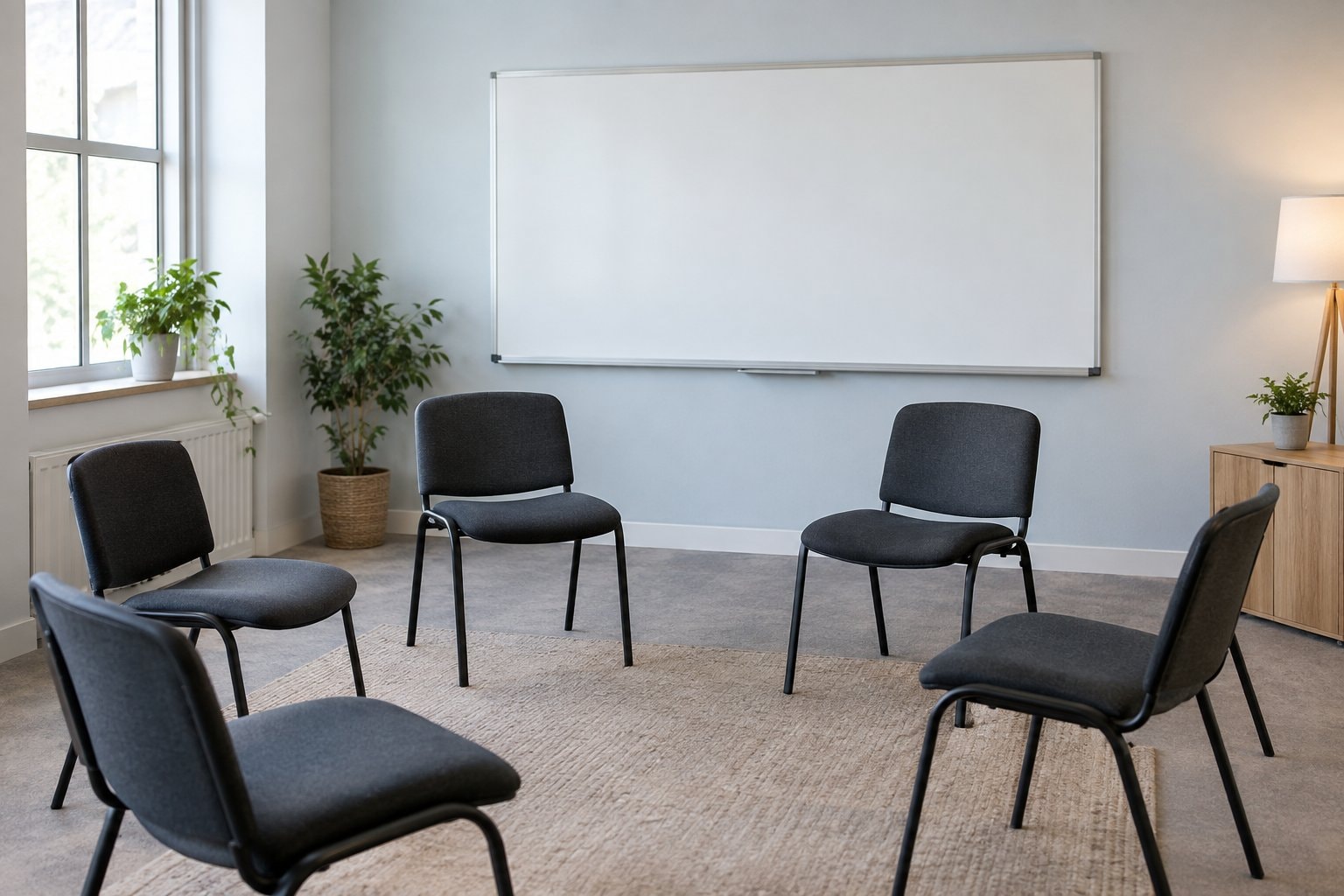 Chairs form a circle in an empty meeting room beside a blank whiteboard.