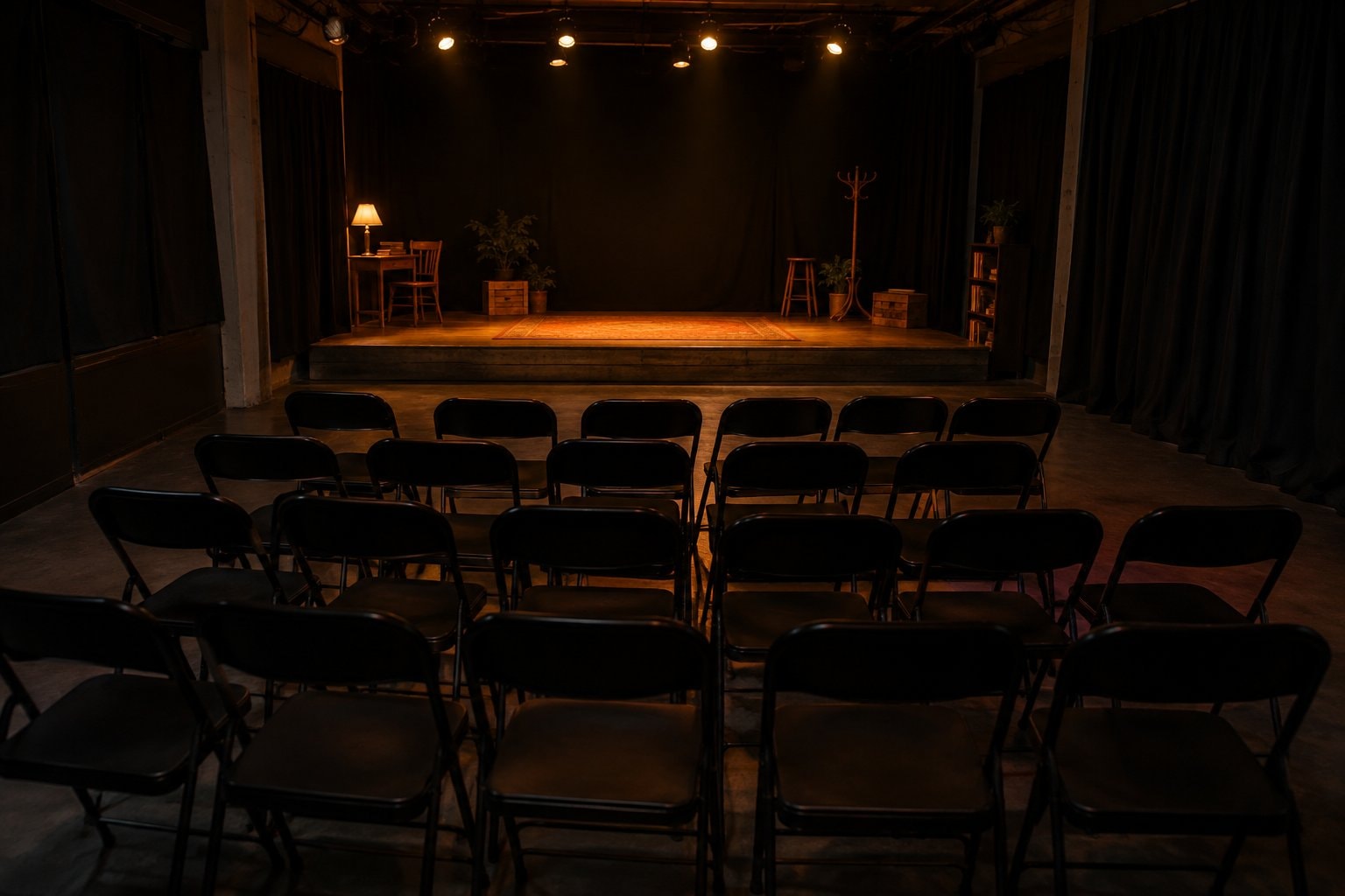 Folding chairs face a low platform in a room with covered windows.