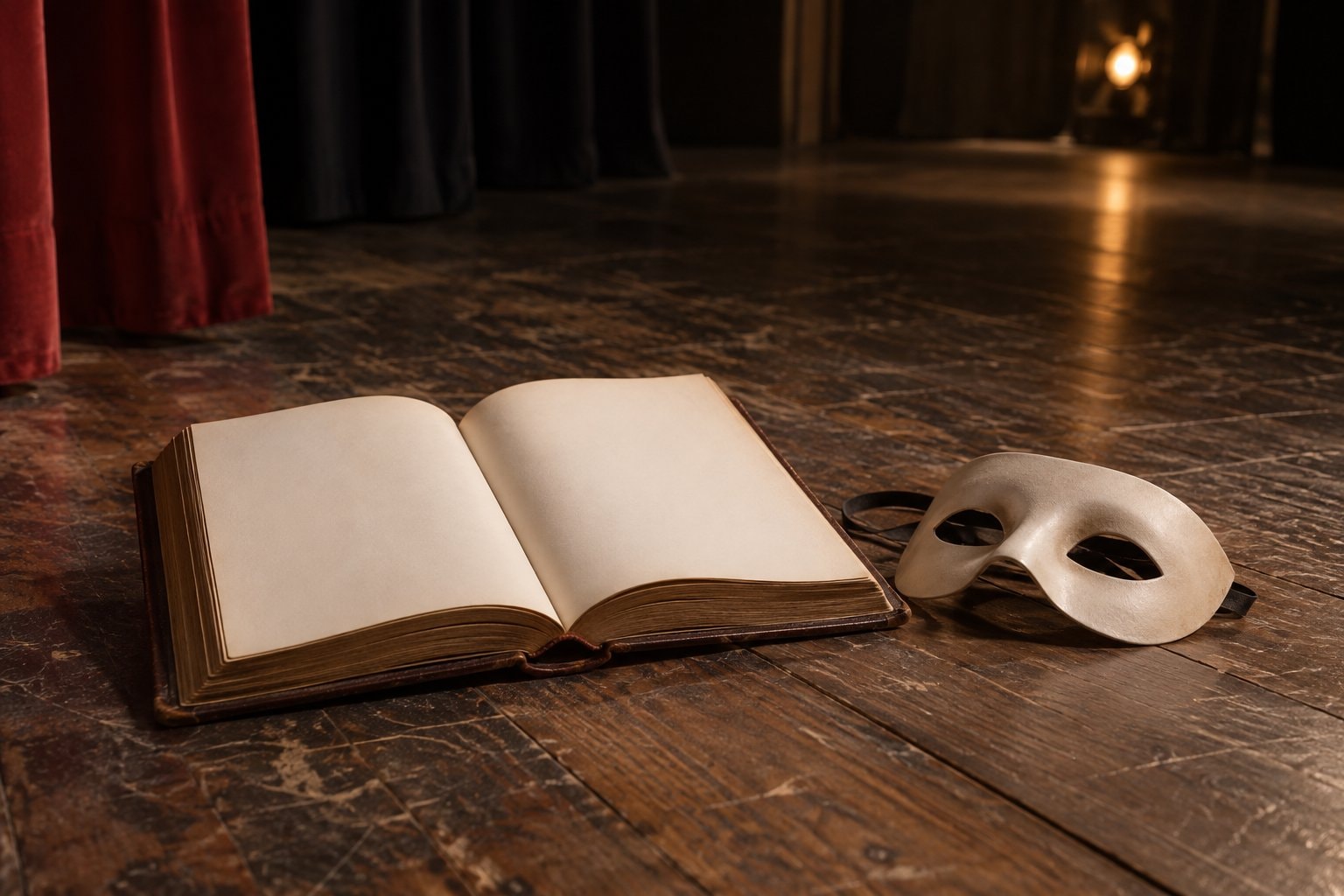 An open book and a plain half-mask on a wooden stage floor