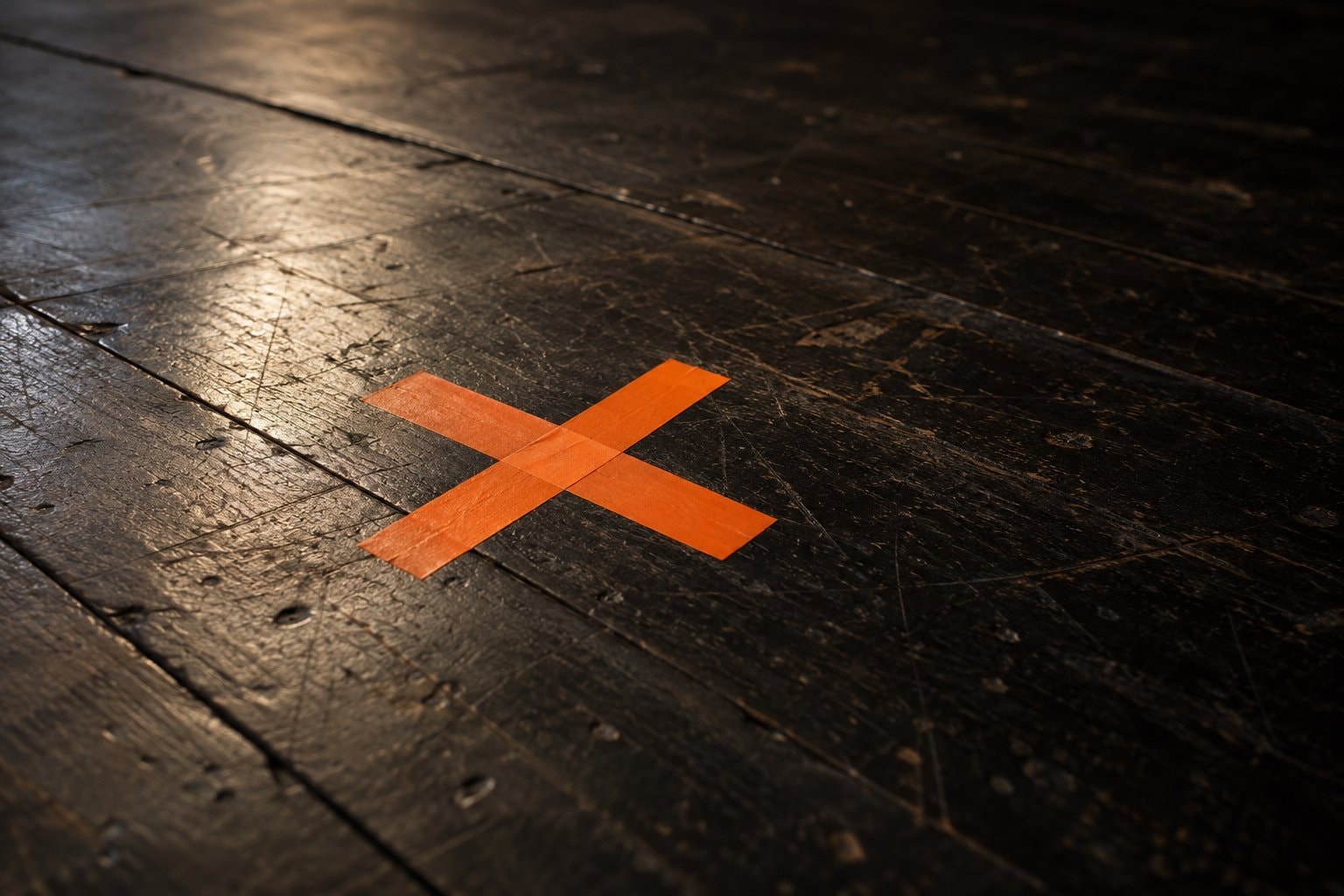 Tangerine tape marking an X on a scuffed wooden stage floor