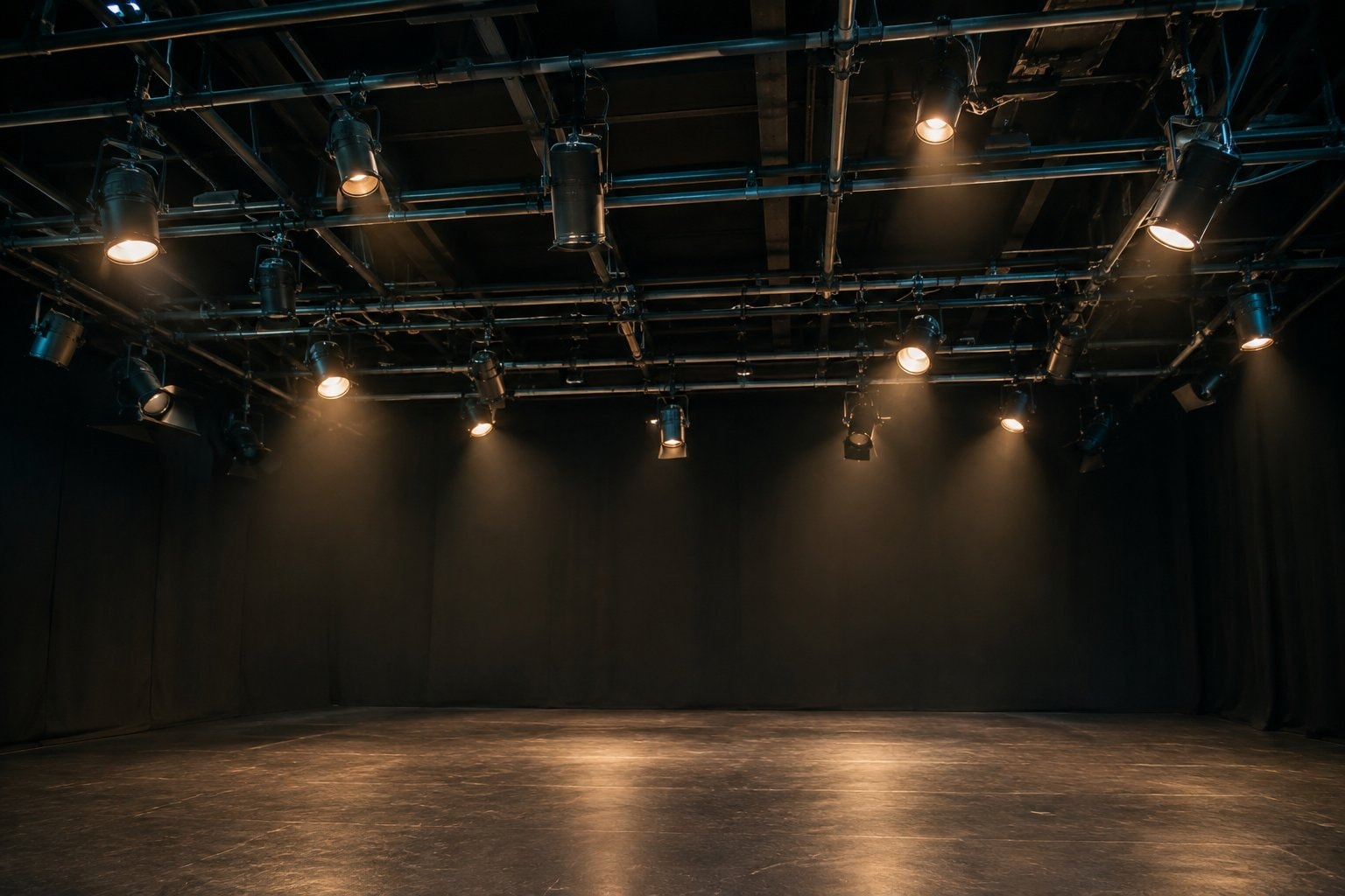 Theatre lights on a pipe grid above an empty stage