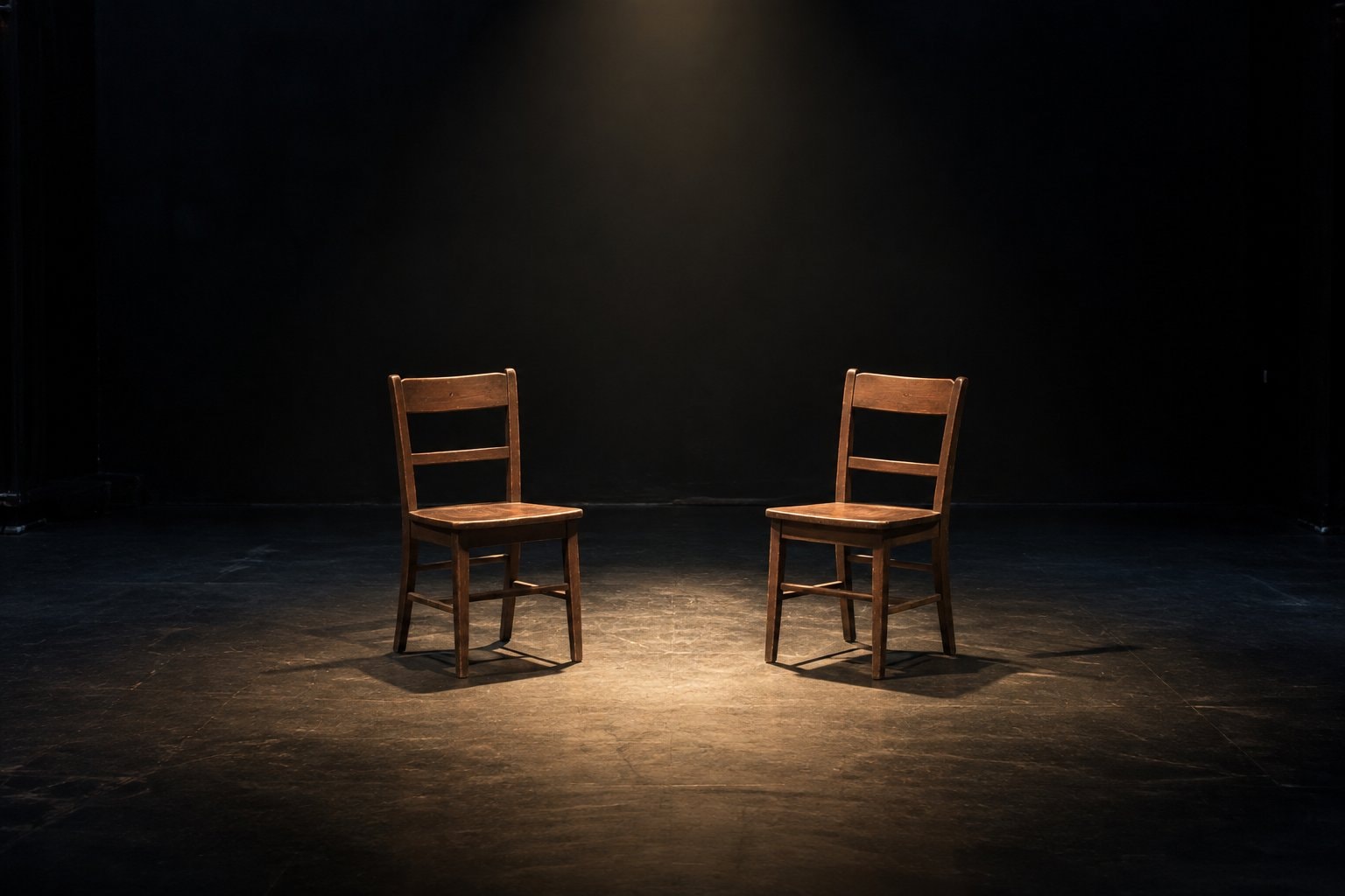 Wooden chairs on an empty black stage under warm light.