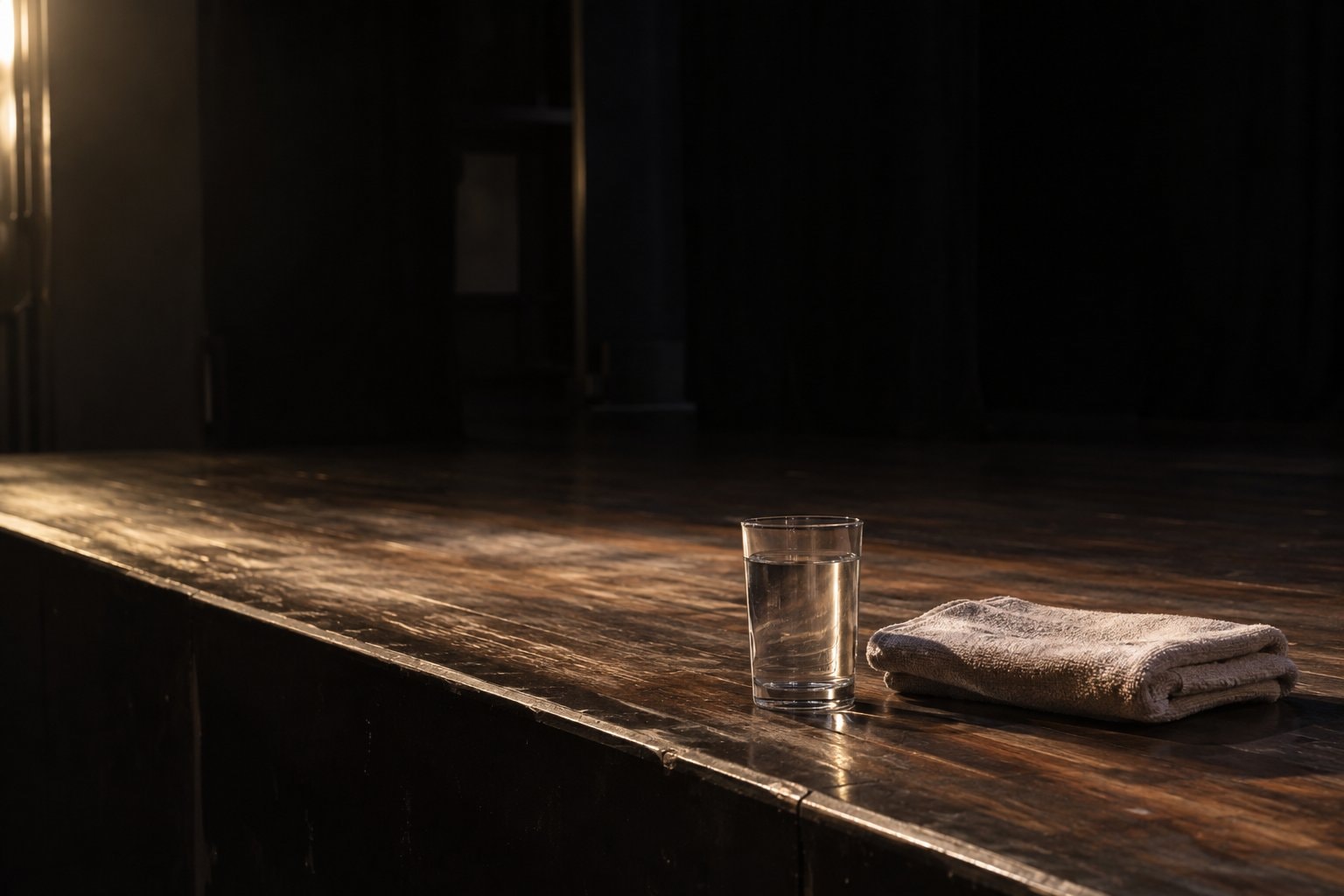 A water glass and a folded towel at the edge of an empty wooden stage.